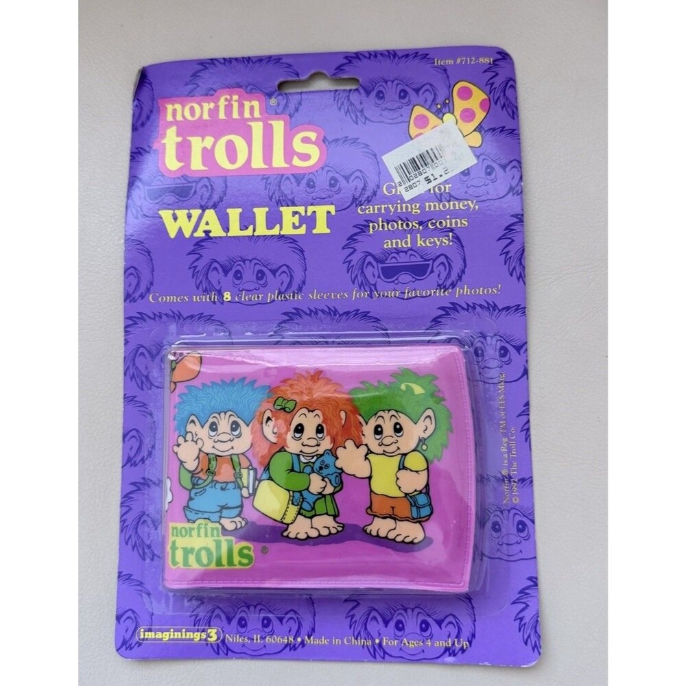 Vintage 1992 Norfin Trolls Pink Vinyl Wallet MOC Sealed 90s Nostalgia